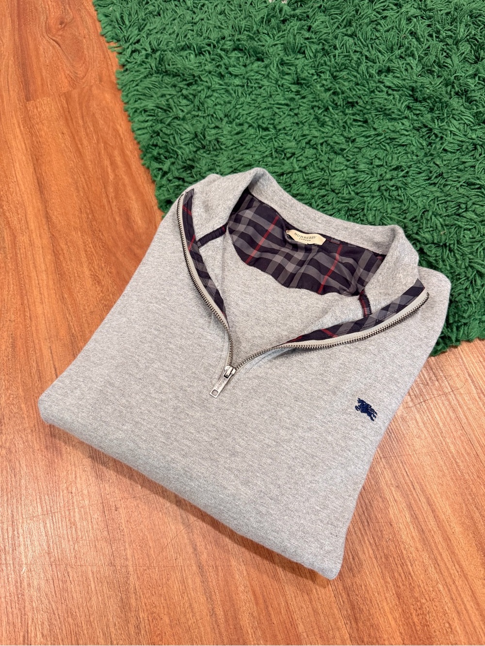 Burberry Grey Quarter-Zip Sweater with Plaid Lining